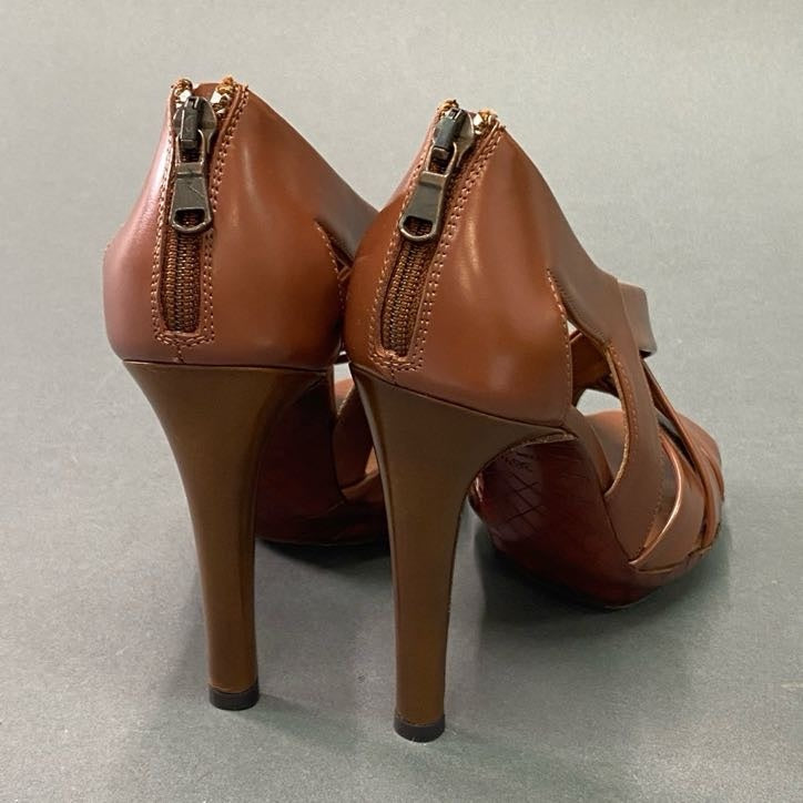 3l22 《美品》 BOTTEGA VENETA ボッテガ ヴェネタ イントレチャート ヒールサンダル 36 1/2 ブラウン レザー イタリア製 パンプス シューズ