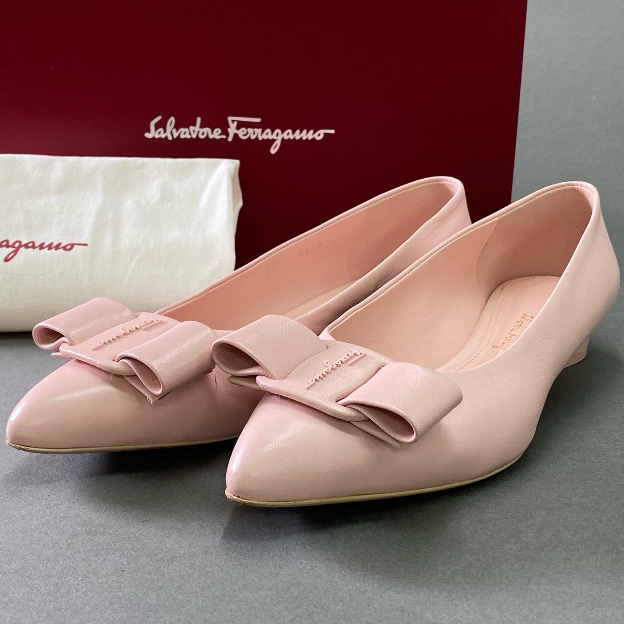 5f6 Salvatore Ferragamo サルヴァトーレ フェラガモ VIVA フラットシューズ パンプス 7 1/2 ピンク ラムレザー VARA ヴァラ 箱付き