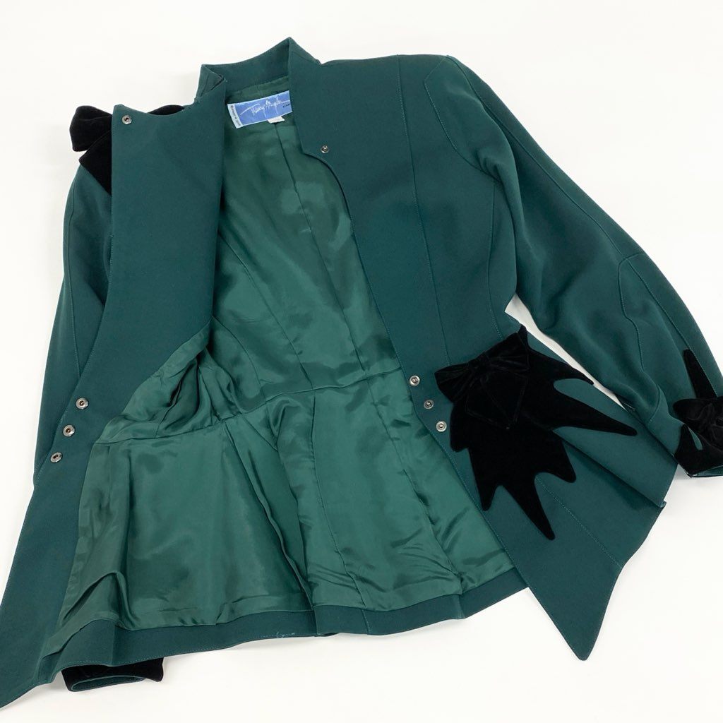 63d8-10 Thierry mugler ティエリー ミューグレー ジャケット/スカート スーツ セットアップ 変形デザイン ベロアリボン 裾フレア サイズ7AT-60-88 グリーン ブラック ウール100% レディース