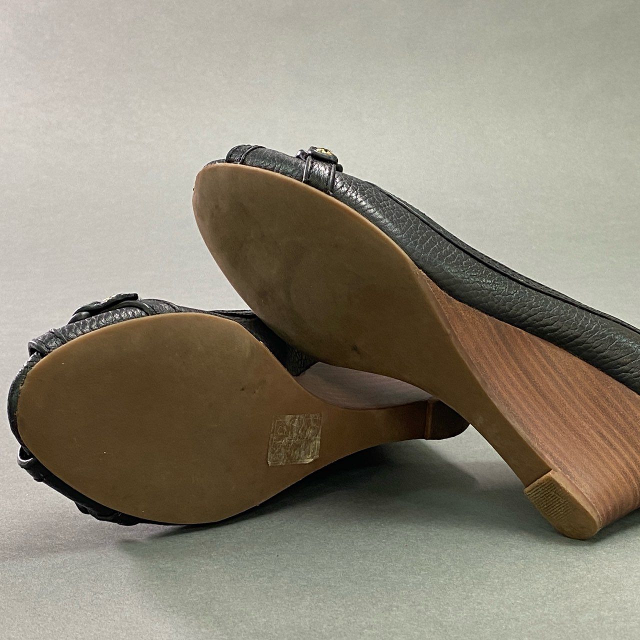 5c18 TORY BURCH トリーバーチ オープントゥ ウェッジソール パンプス ヒール シューズ サンダル 6.5M ブラック レザー
