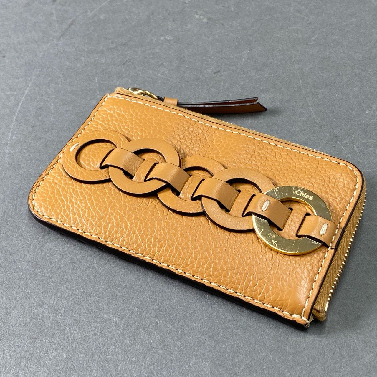 1e14 Chloe クロエ ダリル カードケース パスケース 名刺入れ ロゴ 小銭 ウォレット 財布 キャメルブラウン レザー レディース