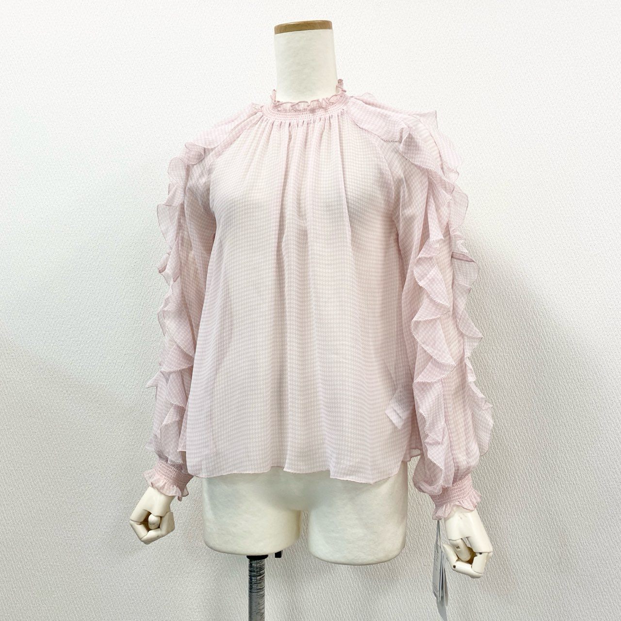74l25 《新品タグ付き》 CELFORD セルフォード フリルシアーシャツ 長袖ブラウス トップス 千鳥格子 CWFB214116 サイズ36 ピンク ポリエステル100% レディース