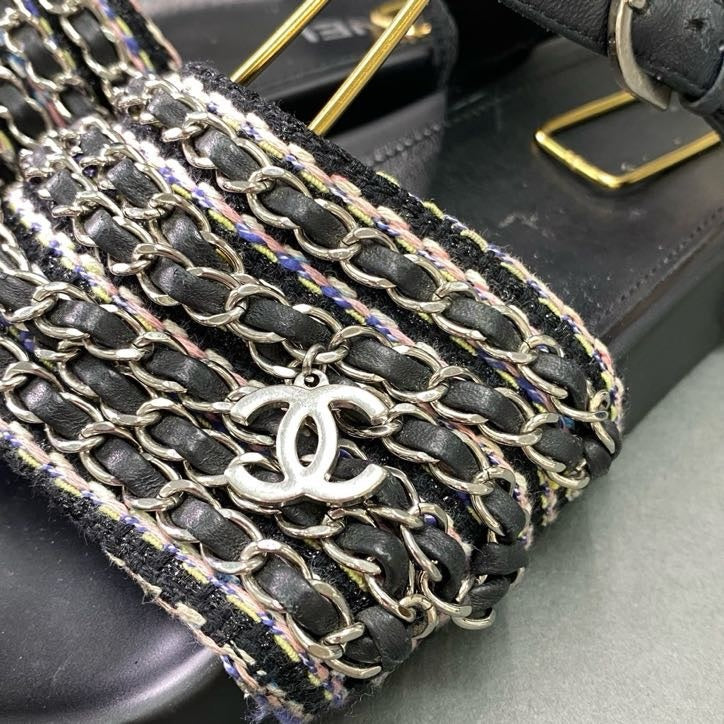 4f4 CHANEL シャネル ココマークチャーム付き 6連チェーン サンダル G31764 35 ブラック ツイード シューズ 夏