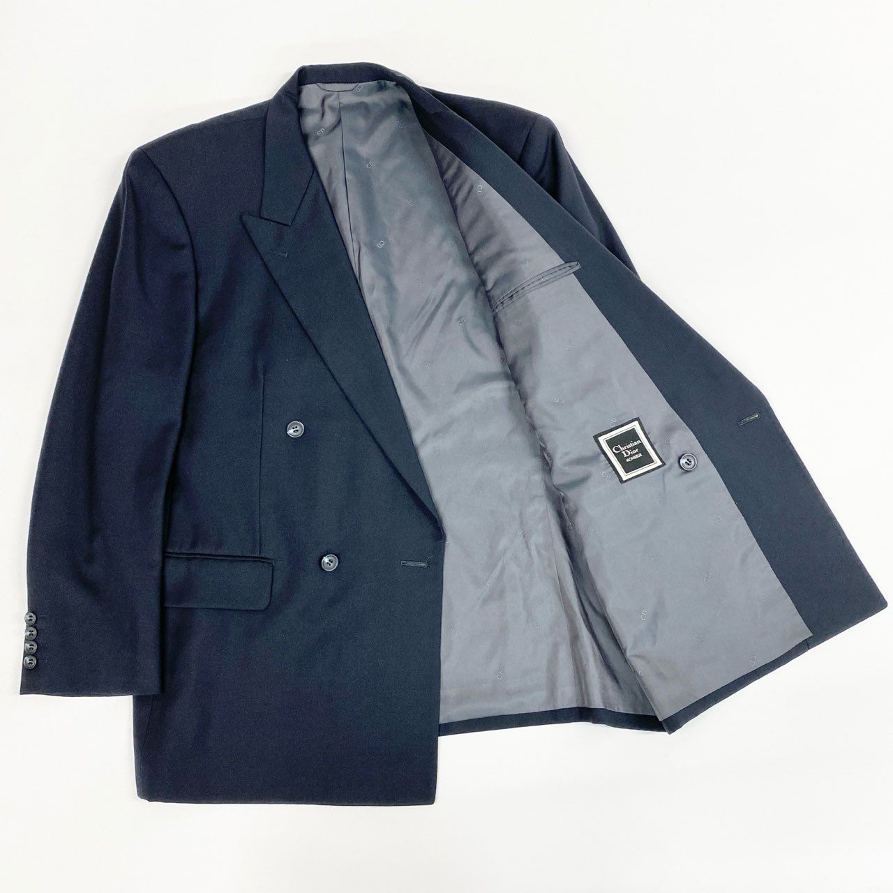 24i25 Christian Dior クリスチャンディオール ダブルスーツ セットアップ 裏地CDロゴ オールド サイズ101-91-180 ダークネイビー ウール メンズk02i