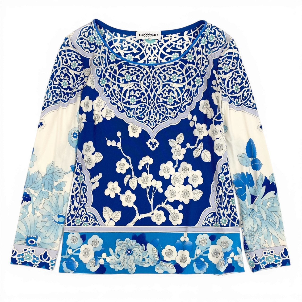 56d13 LEONARD PARIS レオナール ロングスリーブカットソー 美しい花柄プリント ボートネック トップス イタリア製 サイズ40 ブルー ホワイト シルク100% レディース 女性用u02t