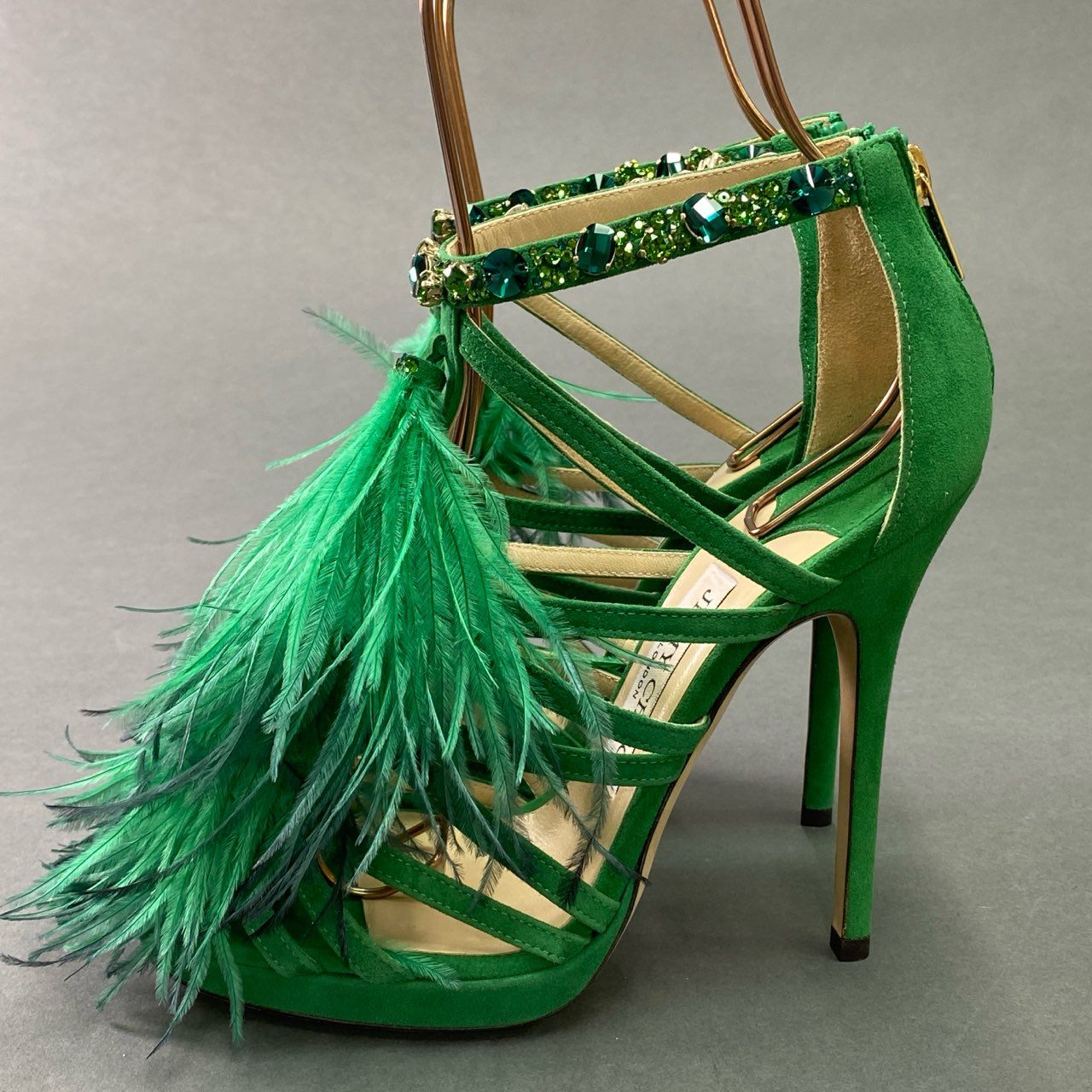 3c18 イタリア製 JIMMY CHOO ジミーチュウ ラインストーン ハイヒールサンダル パンプス シューズ フェザー 37 グリーン スエードレザー