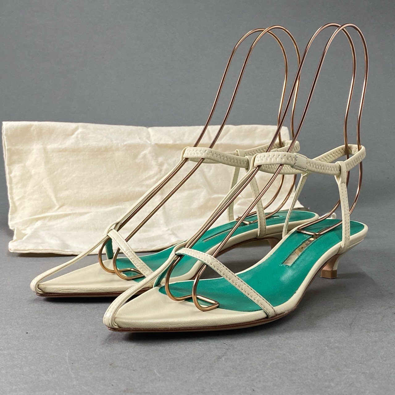 1f28 《美品》 定価¥46,200 BRENTA ブレンタ ANKLE GOM アンクルゴムストラップサンダル 36 ホワイト グリーン レザー イタリア製 シューズ