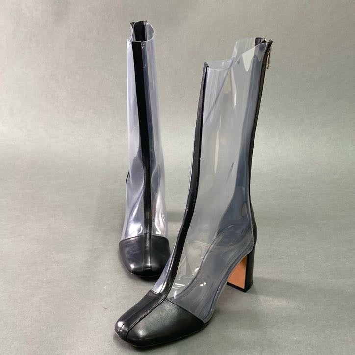 3f5 《美品》 CELINE セリーヌ フィービー期 バックジップ クリアロングブーツ 37.5 - 38 ブラック レザー シューズ イタリア背