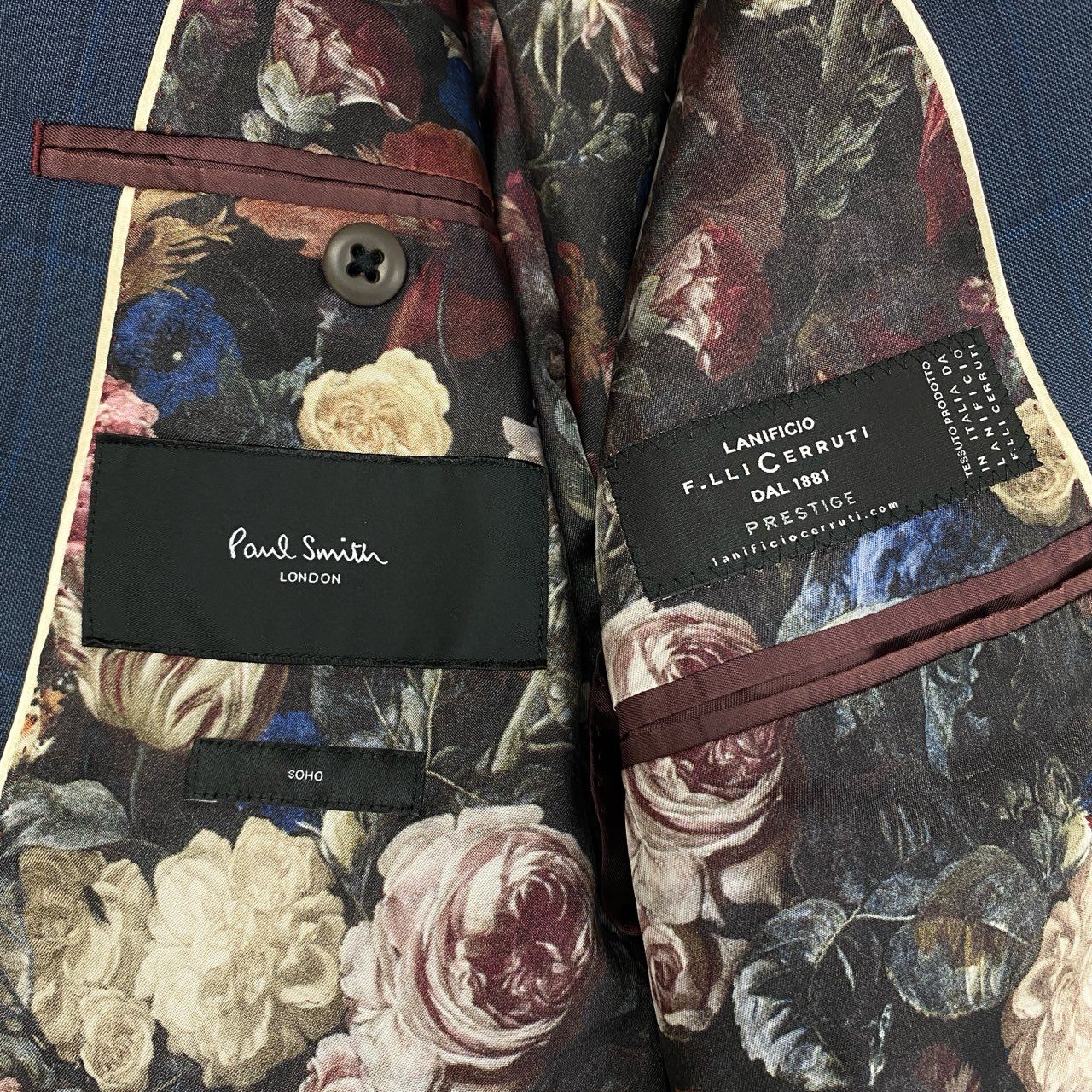 33i25 Paul Smith ポールスミス イタリア製生地 裏地花柄 シングルスーツ セットアップ M ブルー チェック ウール メンズk02i
