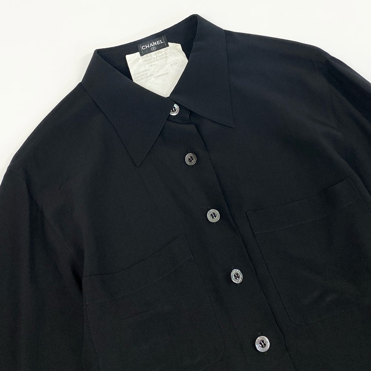 13f7 CHANEL シャネル 総シルク シェルボタン 長袖ブラウス シャツ ロングスリーブ 紙タグ VINTAGE 42 ブラック シルク100%