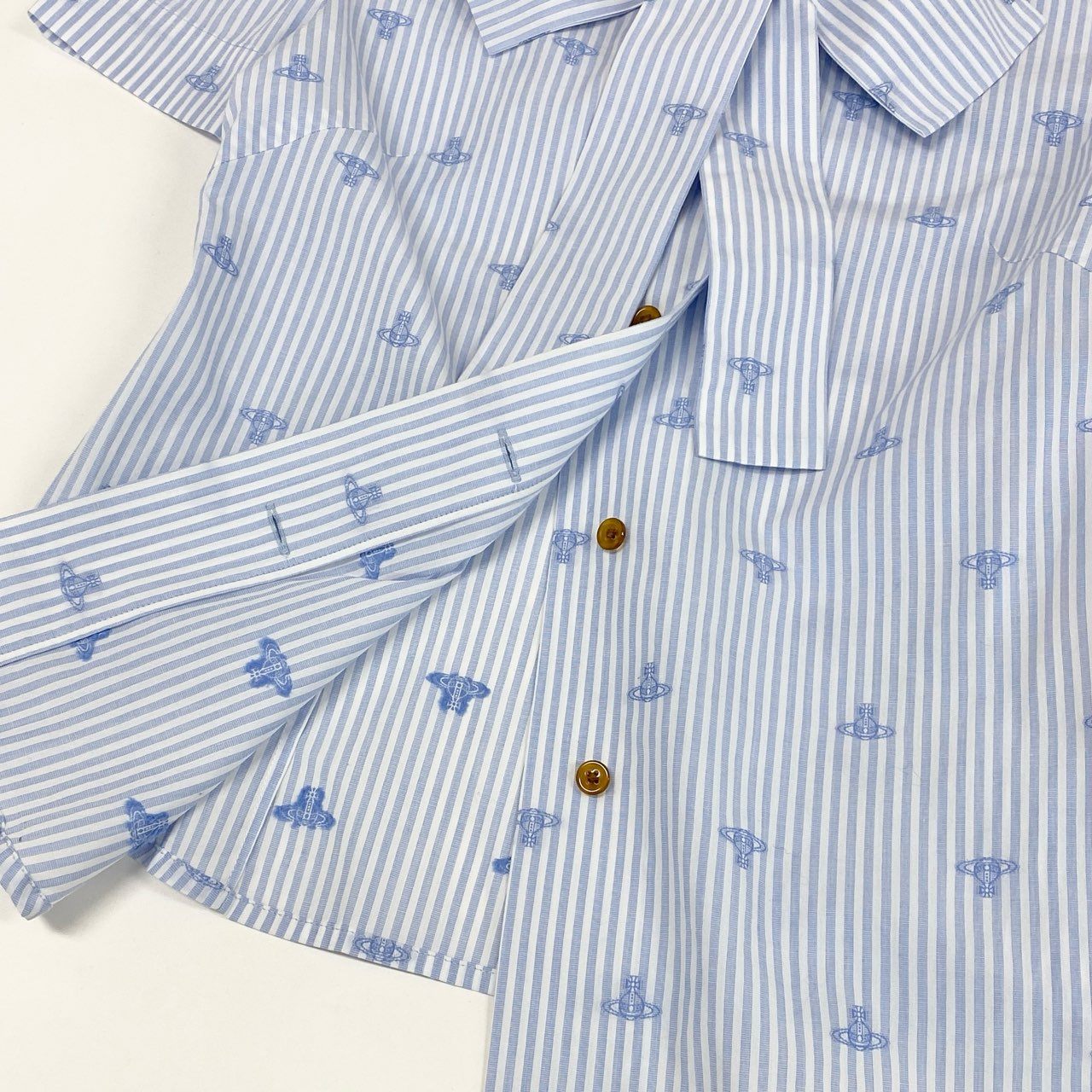 4c28 Vivienne Westwood RED LABEL ヴィヴィアンウエストウッド レッドレーベル 半袖シャツ ボウタイ リボン ストライプシャツ オーブ刺繍 オーブ柄 コットンシャツ 16401M 1 ブルー ホワイト コットン100%