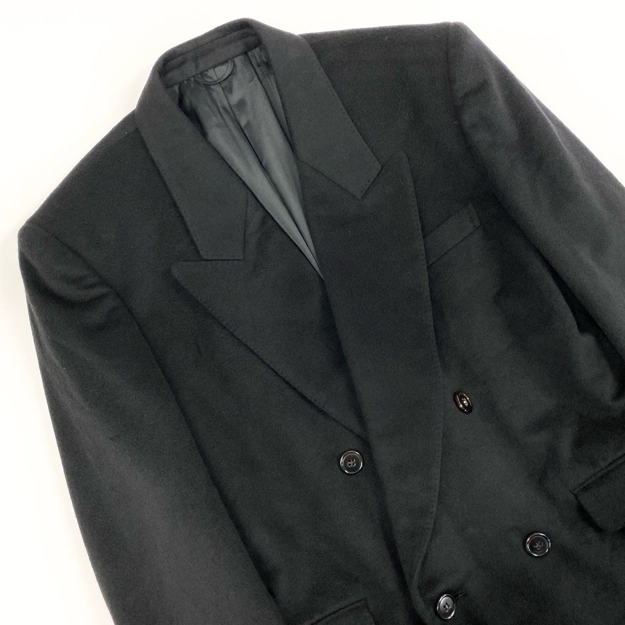 59h28 LANVIN ランバン 総カシミヤ カシミヤ100 ダウブルプレスト ロングコート チェスターコート ピークドラペル 50 ブラック カシミア メンズo07t