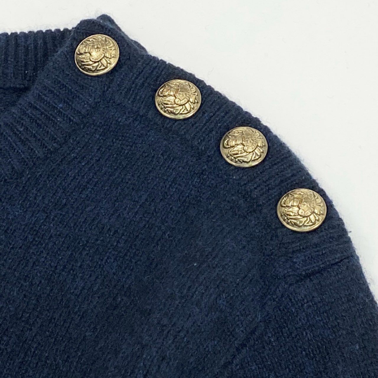 41c29 BALMAIN バルマン フランス製 カシミヤ100% ニットセーター L ネイビー 肩金釦 ボーダー