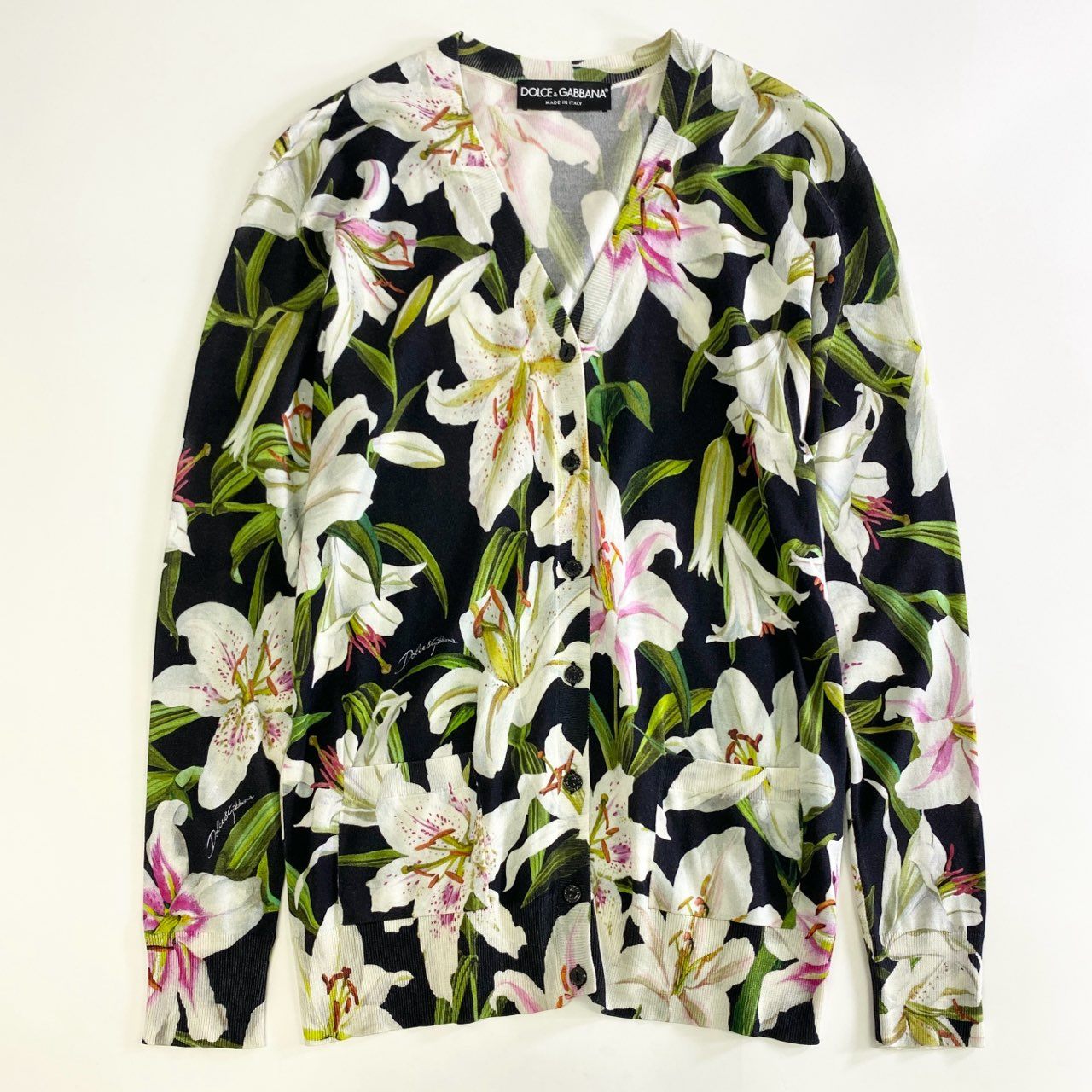 43j31 DOLCE&GABBANA ドルチェ&ガッバーナ 花柄 総柄プリント シルク100% ニットカーディガン シルクニット サイズ36 マルチカラー レディース 女性用