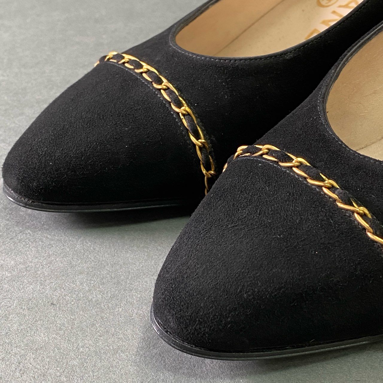 4e2 《美品》 CHANEL シャネル チェーントゥ スエードパンプス 36 1/2 ブラック レザー シューズ イタリア製 レトロ ヴィンテージ