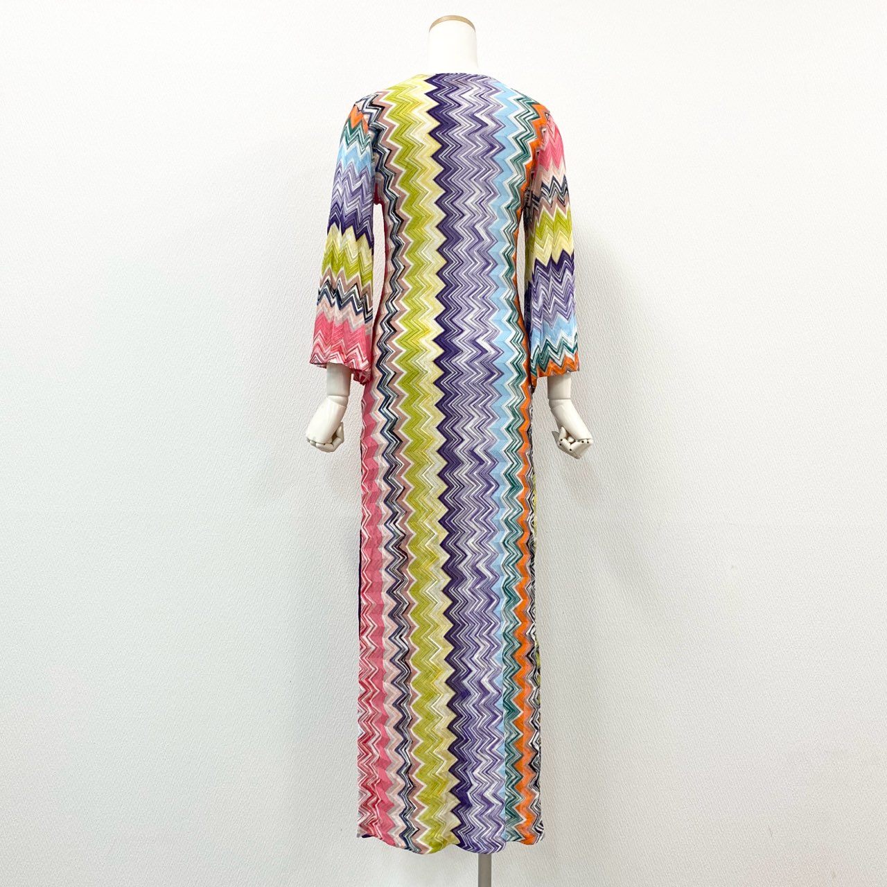 75f24 《美品》 MISSONI ミッソーニ スリット入り メッシュニットワンピース 40 マルチカラー フロントコード フレアスリーブ ドレス イタリア製