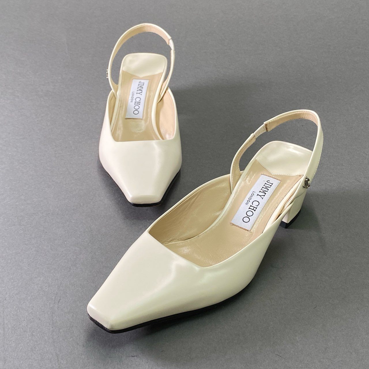 4d16 《美品》 JIMMY CHOO ジミーチュウ Gini 45 JC Slingback Pumps スリングバックパンプス 36 1/2 ホワイト パテントレザー シューズ イタリア製