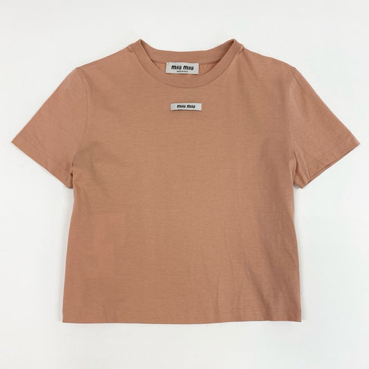 49l6 定価¥97,900 miumiu ミュウミュウ 2023年 フロントロゴ コットン Tシャツ XS ピンクベージュ カットソー TEE イタリア製