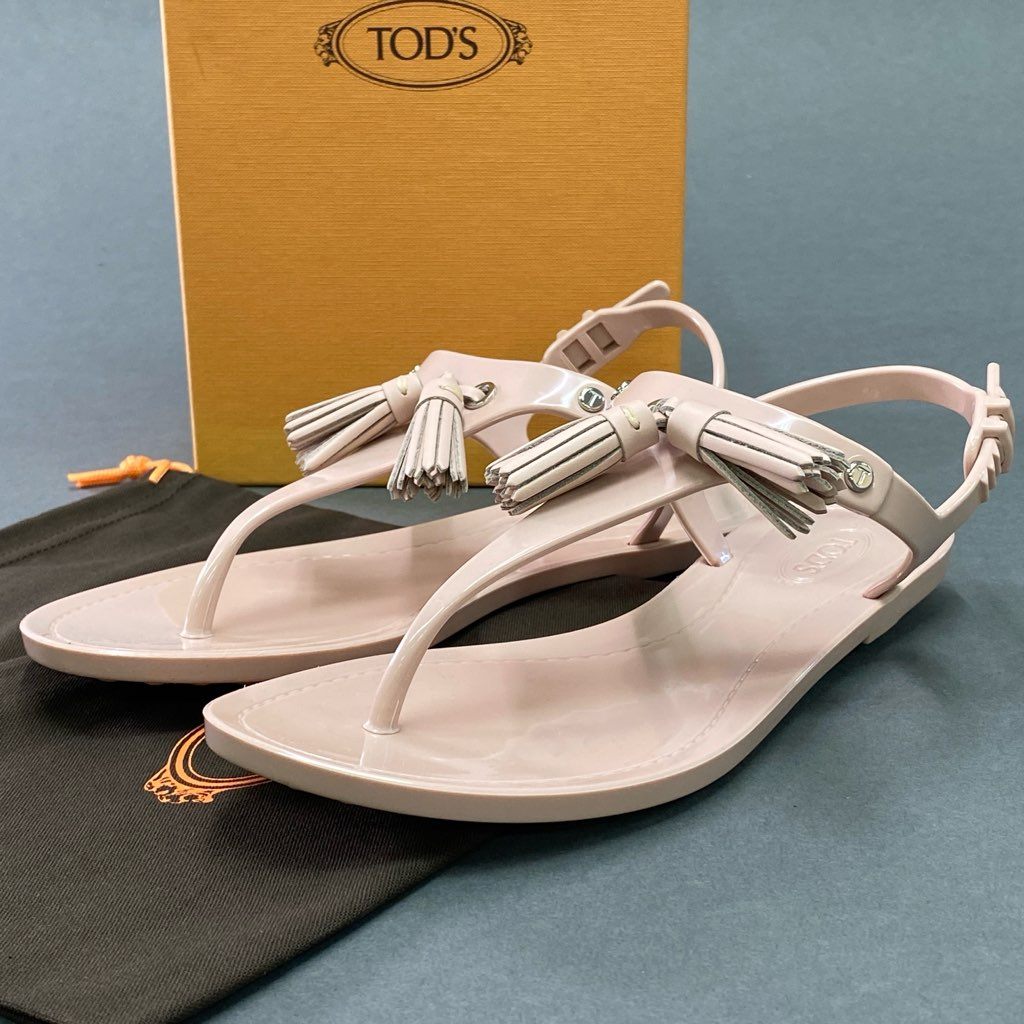 4d7 【美品】 TODS トッズ トングサンダル タッセル レザーサンダル ラバー バックストラップ レディース シューズ 37 ライトピンク