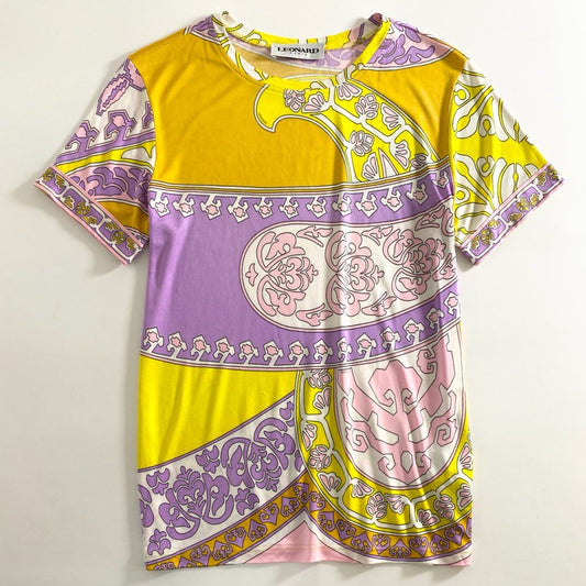 53e1 イタリア製 LEONARD PARIS レオナール 半袖Tシャツ カットソー トップス 総柄 サイズ38 マルチカラー シルク100% レディース