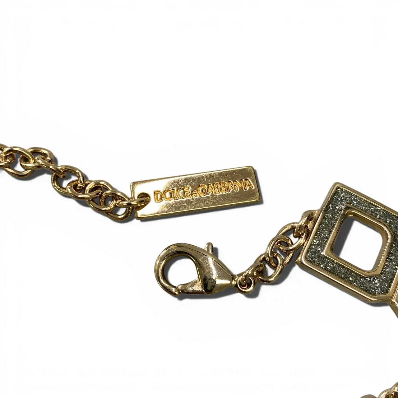 a5 DOLCE&GABBANA ドルチェアンドガッパーナ チェーンベルト ロングネックレス DGロゴ ラメ ゴールド シルバーラメ レディースk02i