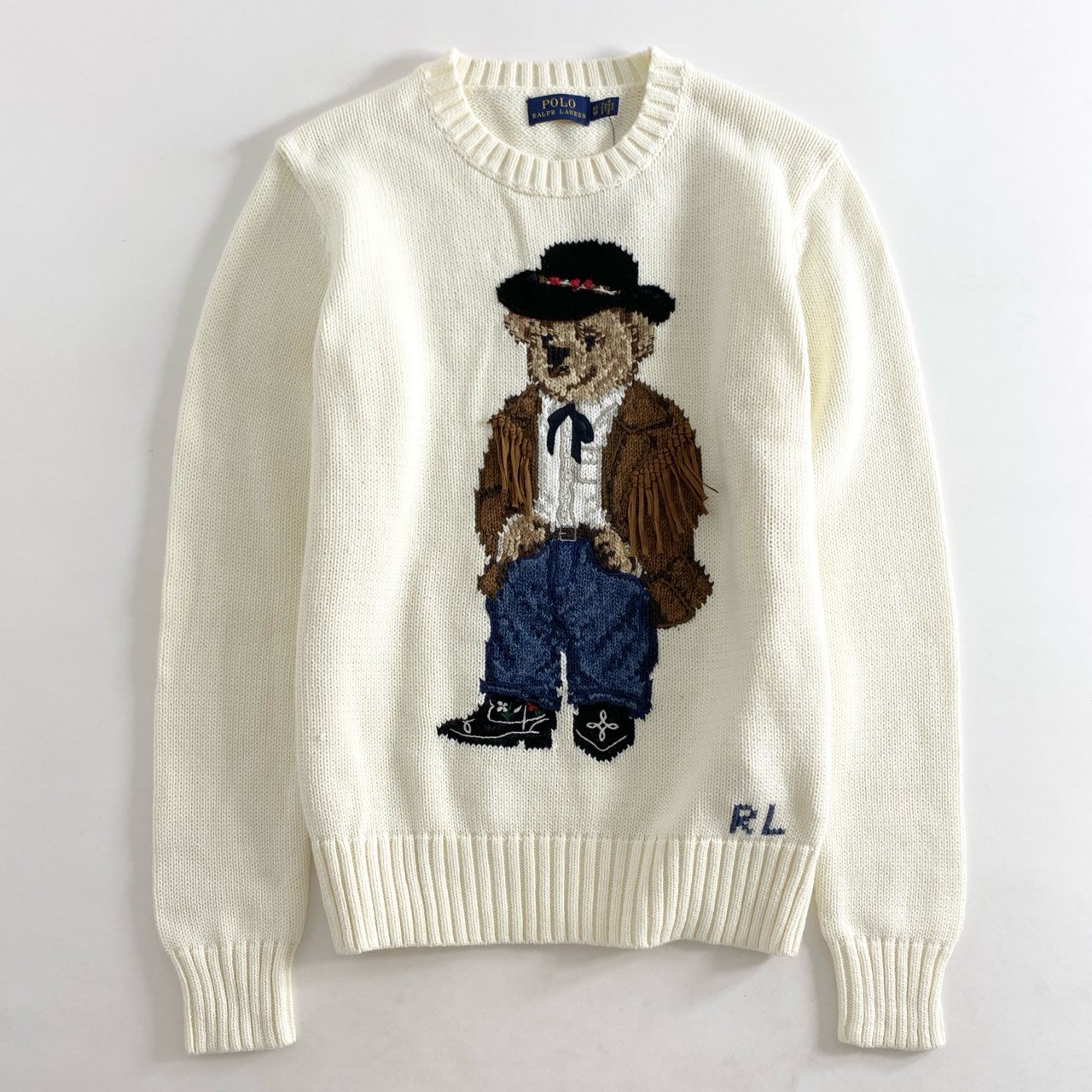 35g28 《極美品》 タグ付 POLO RALPH LAUREN ポロラルフローレン ポロベア クルーネック ニット セーター トップス フリンジ XS ホワイト クリーム系 コットン