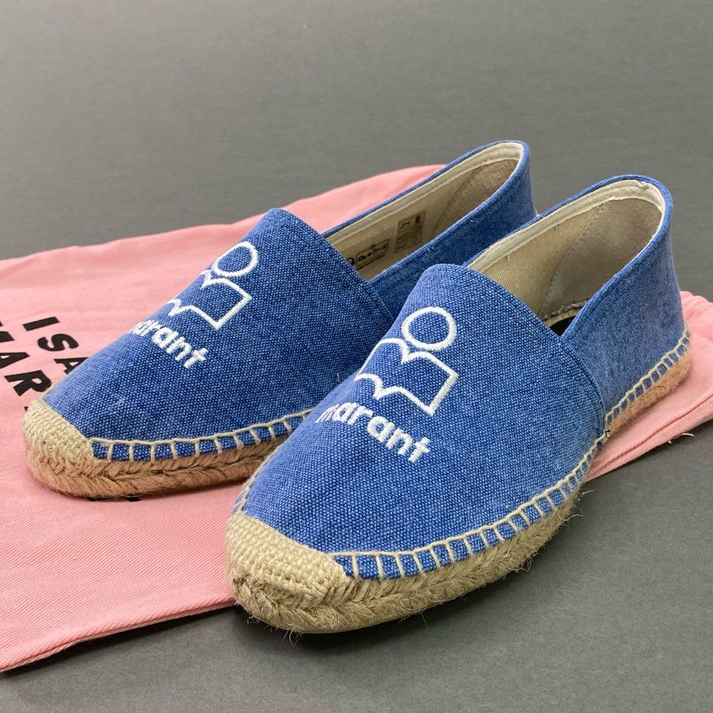 3d12 《美品》 ISABEL MARANT イザベルマラン エスパドリーユ スリッポン ロゴ刺繍 フラットシューズ 収納袋付き キャンバス 39 ブルー