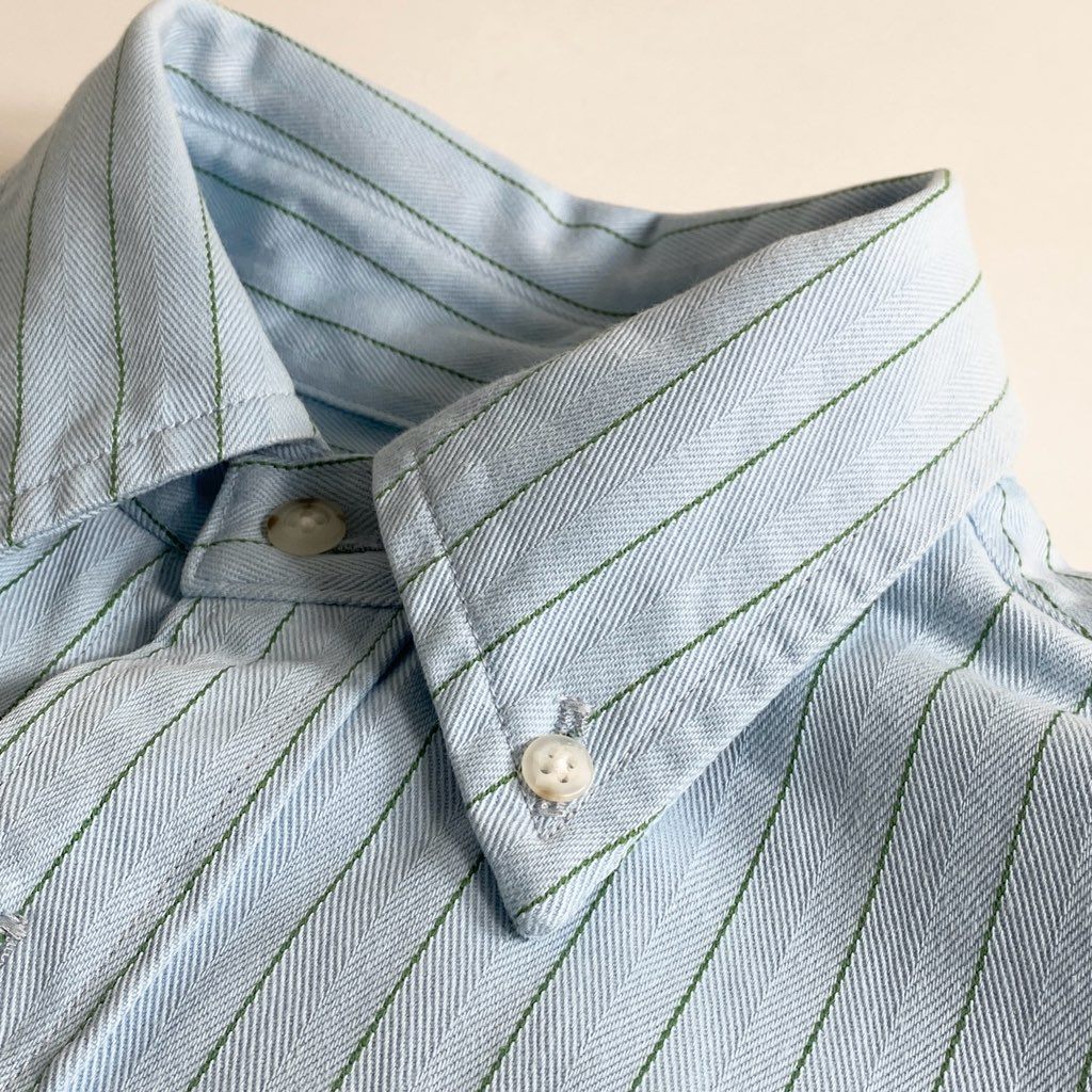 53h13 日本製 DRESS ドレス にしのや 半袖シャツ ボタンダウンシャツ ストライプ オーバーサイズ サイズM ライトブルー×グリーン コットン100% メンズ 男性用