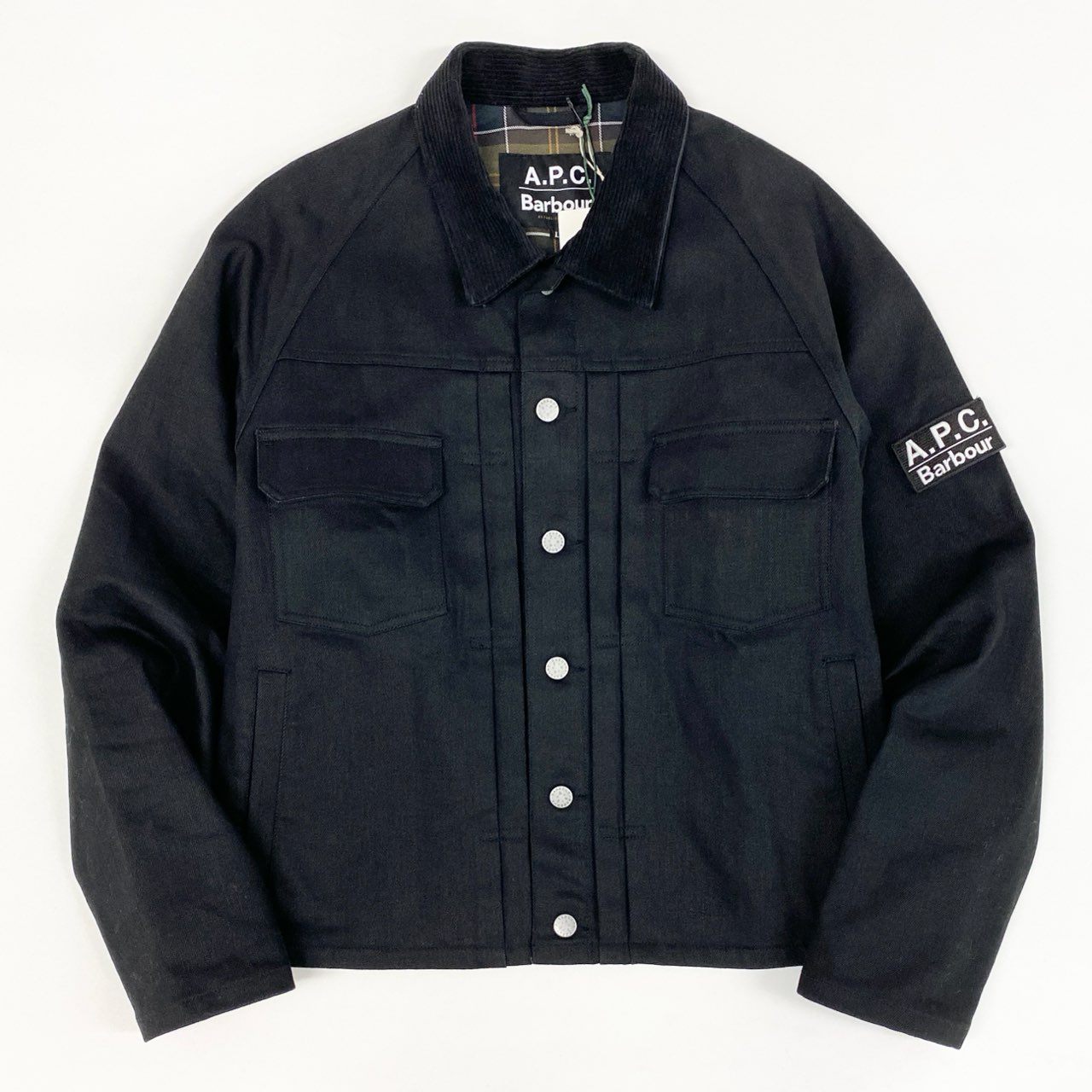 38d28 【新品タグ付き】 A.P.C. × Babour アーペーセー バブアー SPEY スペイ デニムジャケット Gジャン 251MCAS173 サイズL ブラック 25ss 腕章ワッペン ノンワックス