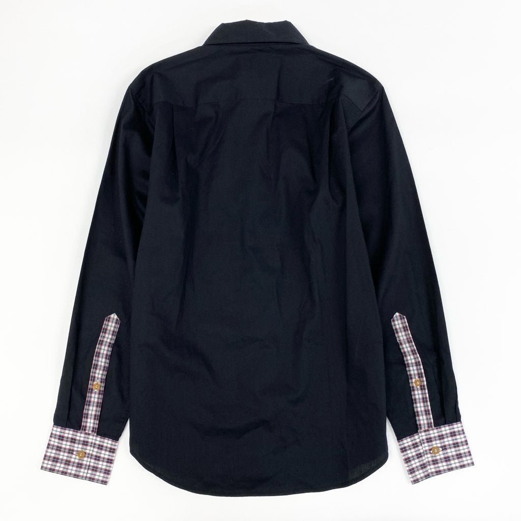 9f8 《新品保管品》 Vivienne Westwwod MAN ヴィヴィアンウエストウッド マン 胸元オーブ刺繍 長袖シャツ トップス チェック切替 サイズ46 ブラック コットン100% メンズ 紳士服