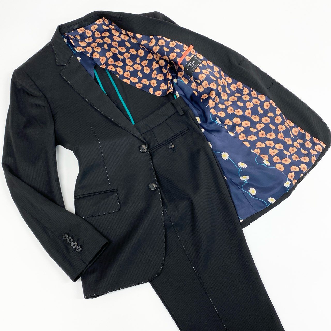 51a15 《美品》 Paul Smith ポールスミス 裏地花柄 シングルスーツ セットアップ テーラードジャケット/スラックス チェルッティ生地 サイズM ブラック ストライプ メンズ 日本製