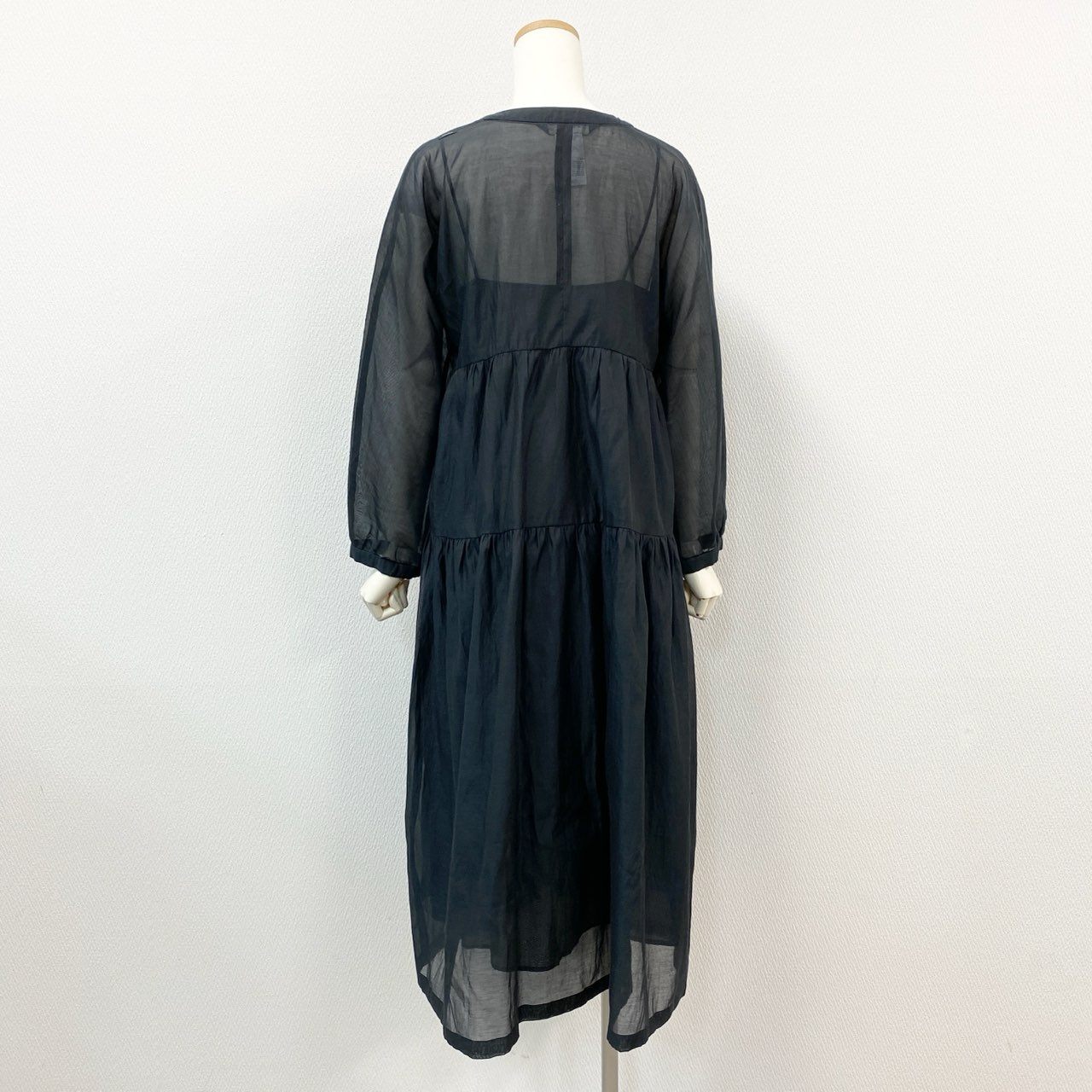 53j17《美品》’S MaxMara エスマックスマーラ ロングフレアワンピース シアーワンピース 長袖ワンピース ノーカラー 38サイズ ネイビー レディースu02t