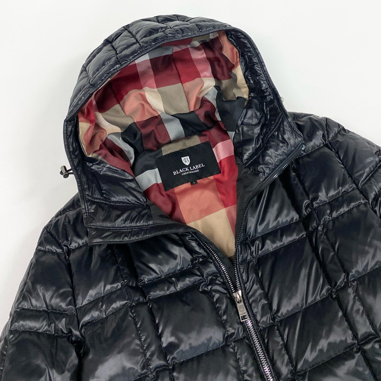 36d8 BLACK LABEL CRESTBRIDGE ブラックレーベル クレストブリッジ ダウンジャケット フード付き ジップアップ 袖ロゴワッペン L ブラック