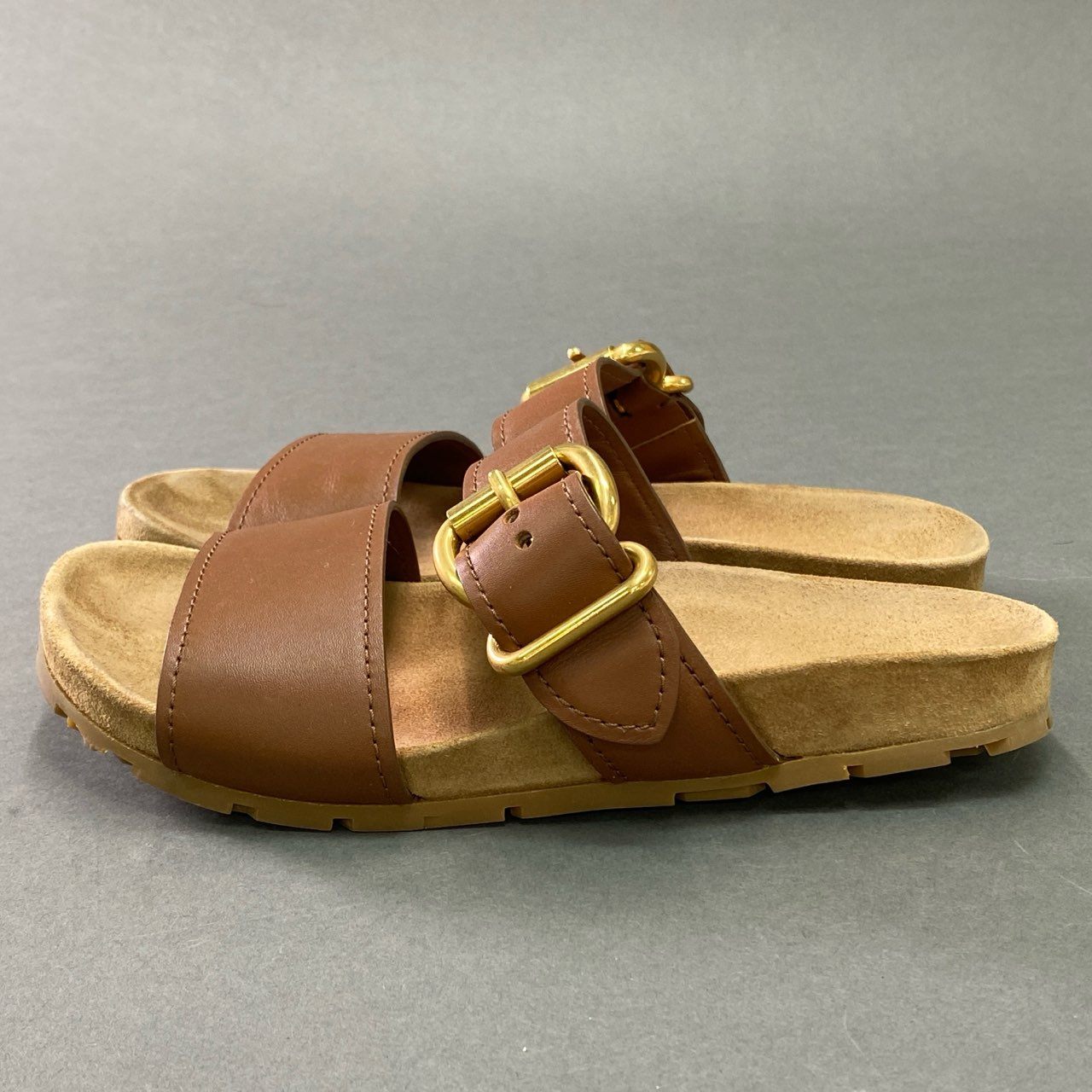7b7 PRADA プラダ レザーベルト フラットサンダル コンフォートサンダル leather イタリア製 37 ブラウン 本革 レディース