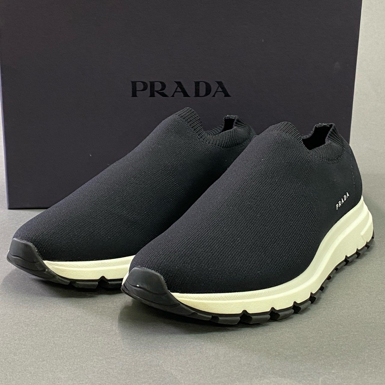 1d21 《美品》 PRADA プラダ Knit Socks Sneakers ニットソックス スニーカー 6 ブラック シューズ スリッポン 箱付き