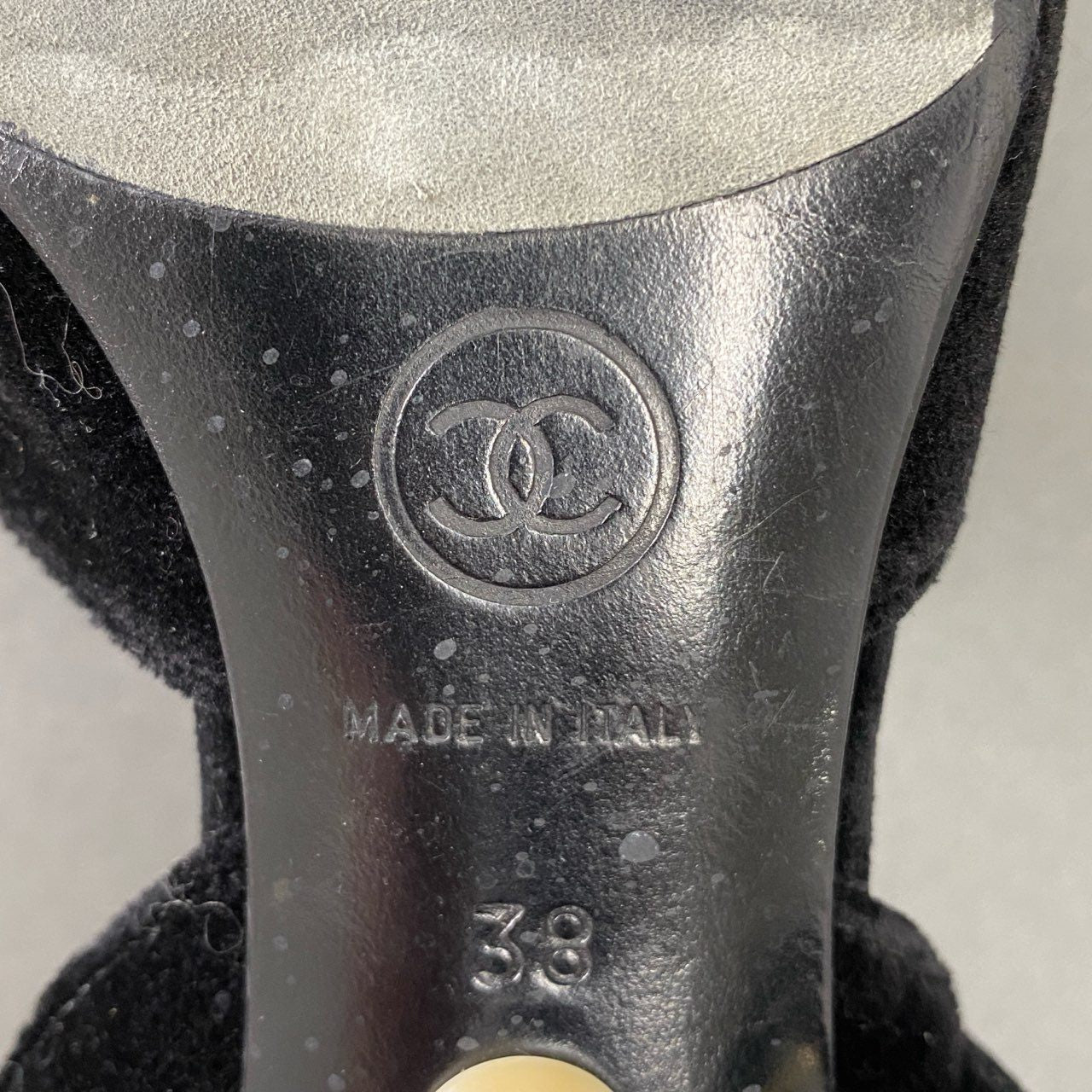 2i20 CHANEL シャネル パールストラップ ベロアヒールサンダル 38 ブラック ベルベット パンプス イタリア製