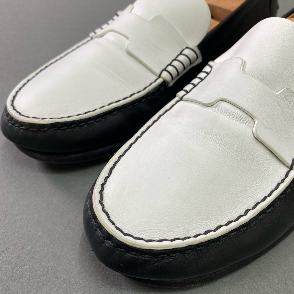 3d5 《美品》 HERMES エルメス ケネディ Hロゴ モカシン ローファー 36 1/2 ホワイト ブラック レザー 革靴 シューズ イタリア製