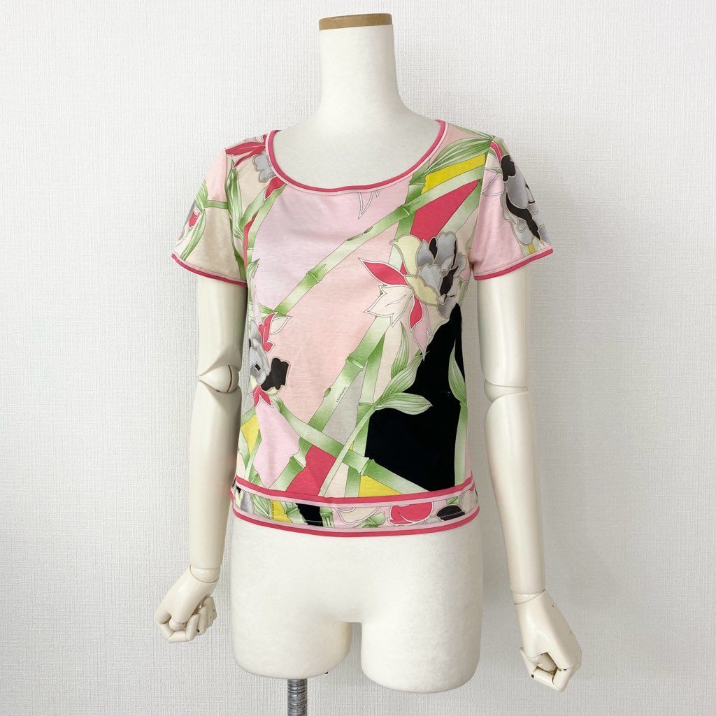 2d10-1 LEONARD レオナール 美しい花柄プリント 半袖カットソー Tシャツ トップス サイズM マルチカラー コットン100% レディース 日本製