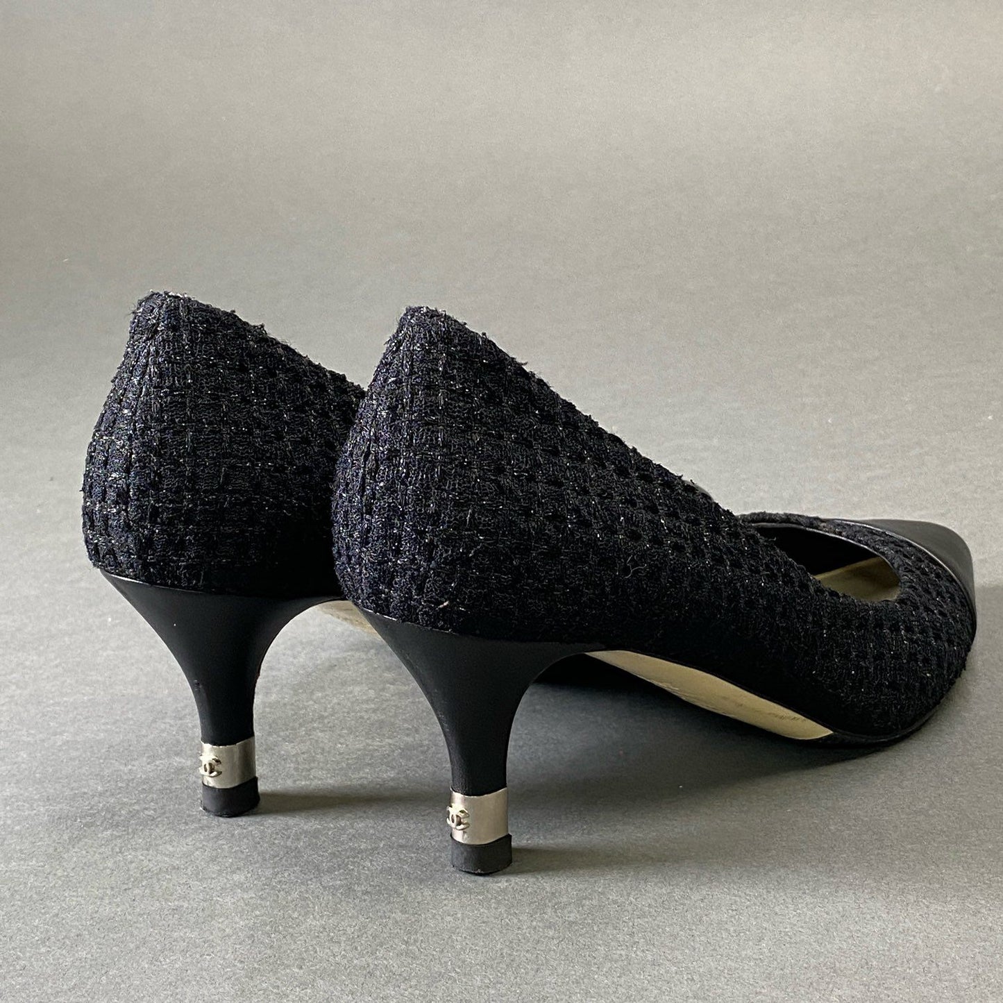 1g9 CHANEL シャネル ココマーク レザーキャップ ツイードパンプス 36 1/2 ブラック シューズ フォーマル 結婚式 パーティ 保存袋有