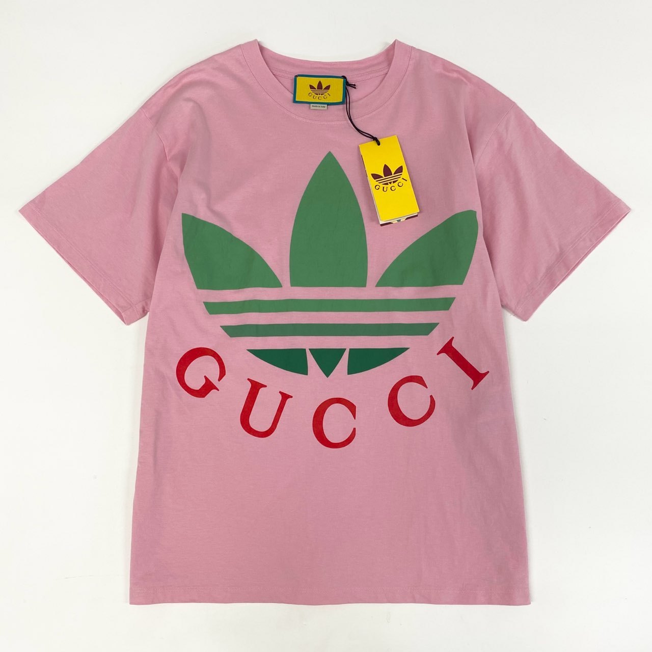 4i12 GUCCI グッチ × adidas アディダス トレフォイル プリントTシャツ 723384 M ピンク カットソー 箱 タグ付属k02i