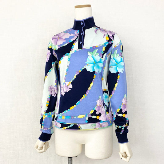 59e20 LEONARD SPORT レオナールスポーツ 美しい花柄プリント 長袖ポロシャツ 襟付きカットソー トップス サイズ38 マルチカラー コットン100% レディース 日本製