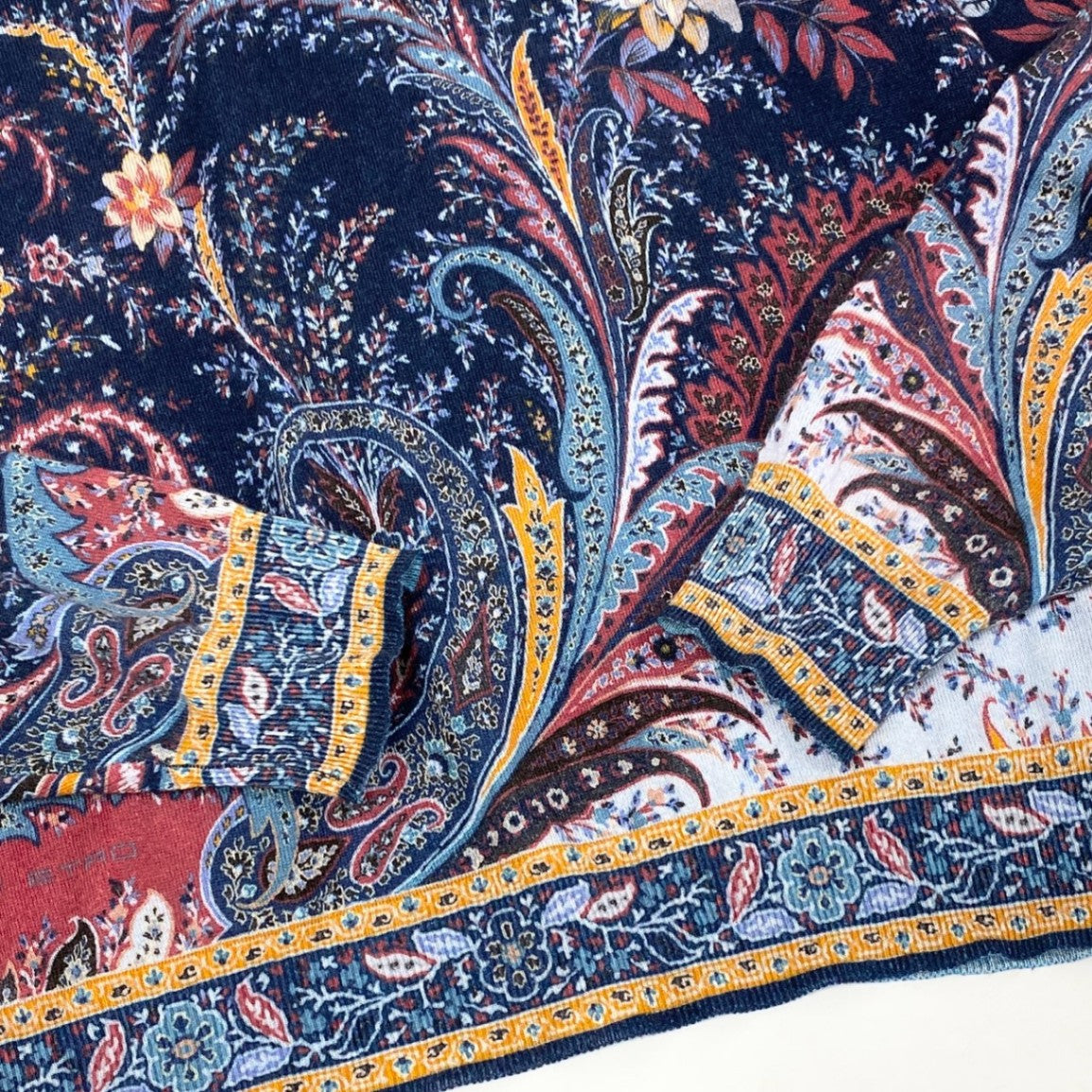 82d4 ETRO エトロ カシミヤ フラワーニットトップ L ネイビー 薄手 セーター イタリア製