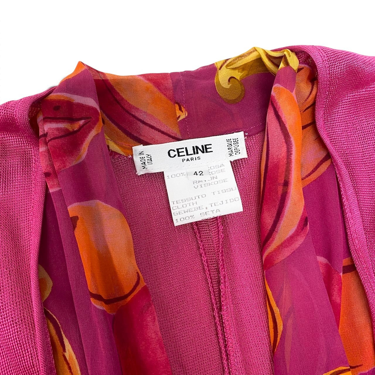 If26 CELINE セリーヌ ロングカーディガン レーヨン シルク100% 花柄 イタリア製 レディース 女性用 42 ピンク オレンジu02tu02t