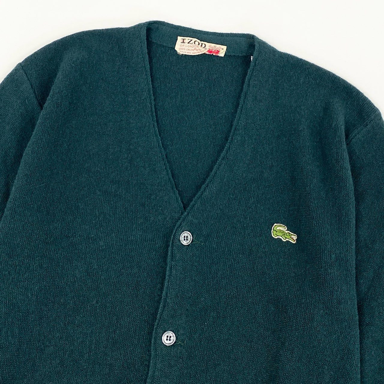 42h22 80’S LACOSTE ヴィンテージ ラコステ IZOD アクリル100% ワンポイントロゴ ニットカーディガン (M~L相当) グリーン メンズ 男性用 vintage USA製k02i