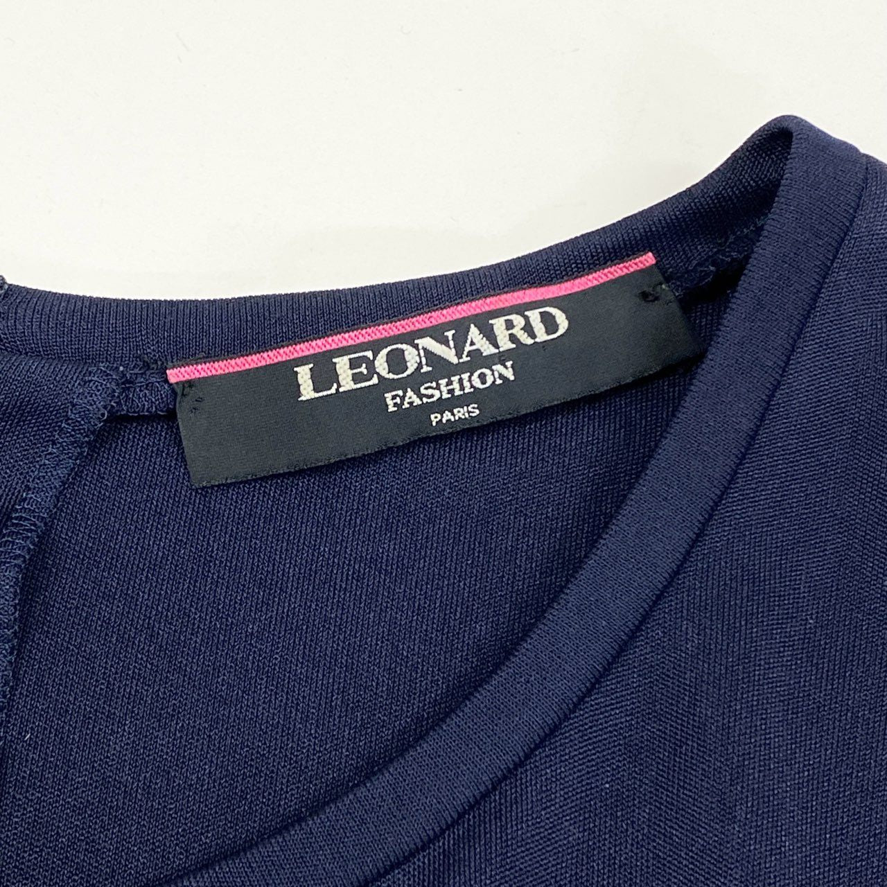 63i18 LEONARD レオナール 日本製 ロゴ刺繍 長袖カットソー ロングスリーブ トップス Mサイズ ネイビー ナイロン レーヨン レディースk02i