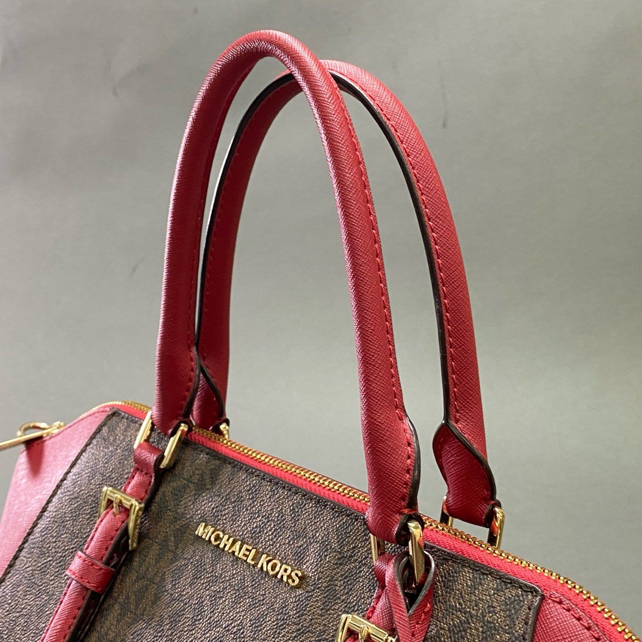 Fc21 MICHAEL KORS マイケルコース シグネチャー 2WAY ショルダーバッグ レッド ブラウン カバン ゴールドチャーム