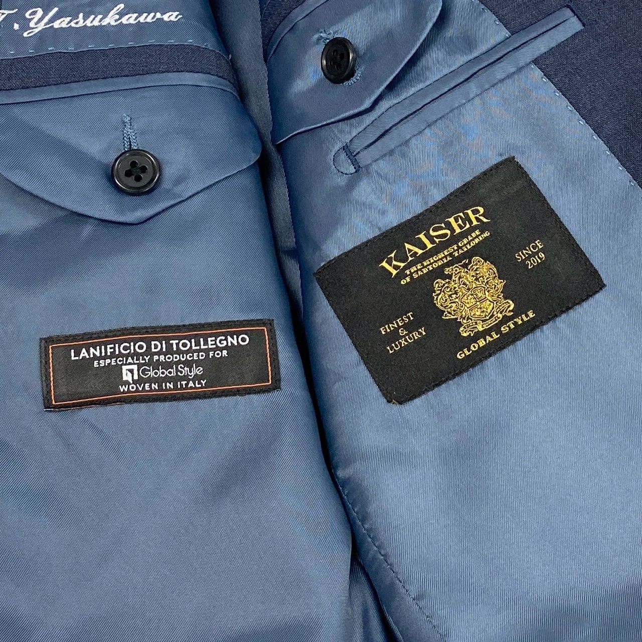 57j17 GINZA GLOBAL STYLE ギンザグローバルスタイル スーツセットアップ 3ピース 高級ライン KAISER シングルスーツ ネイビー メンズu02t