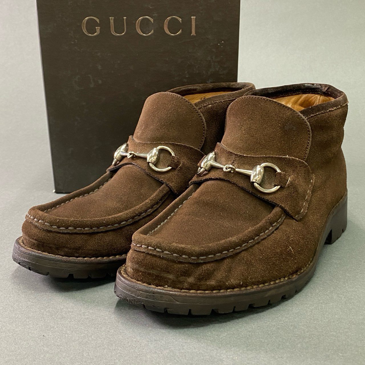 3c3 GUCCI グッチ ホースビット チャッカブーツ ショートブーツ スエードレザー イタリア製 箱付き メンズ 紳士靴 40 ブラウン 本革