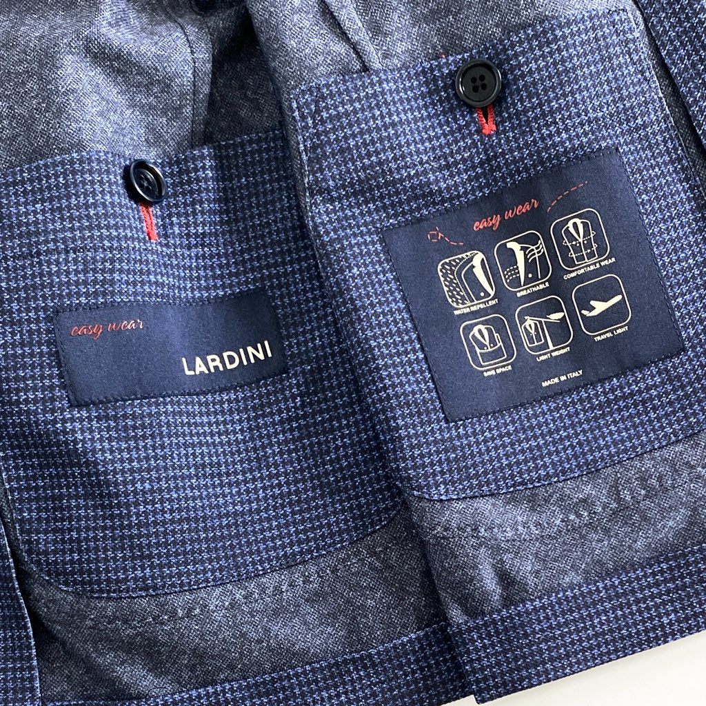 65e5 イタリア製 LARDINI ラルディーニ easy wear イージーウェア テーラードジャケット サマージャケット ストレッチ ブートニエール付き JX939AQ51 サイズ48 7R ネイビー ポリエステル100% メンズ 現行タグ