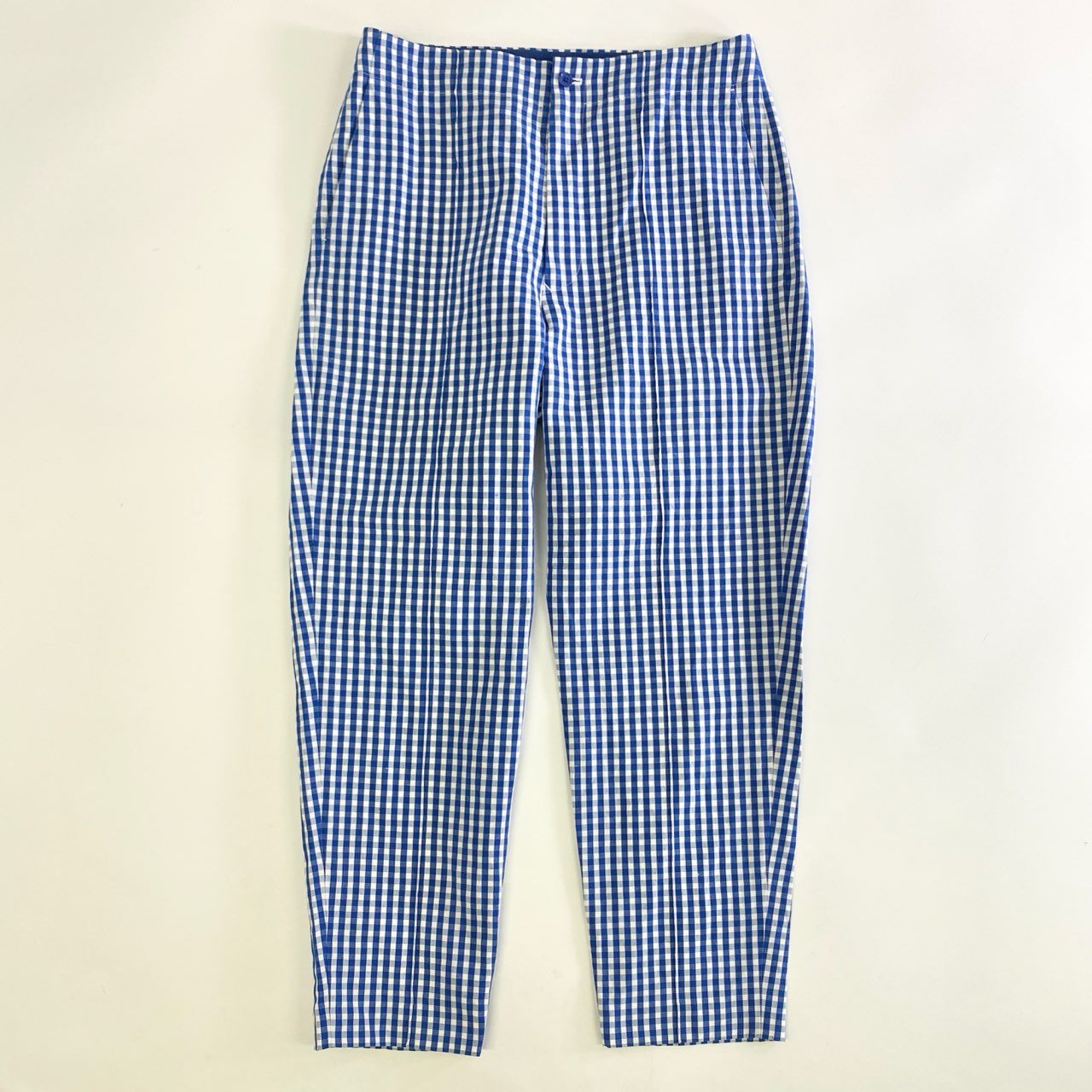 52k9 《美品》定価¥50,600 Drawer ドゥロワー ギンガムチェックステッチパンツ 38 ブルー リネン混 日本製 UNITED ARROWS